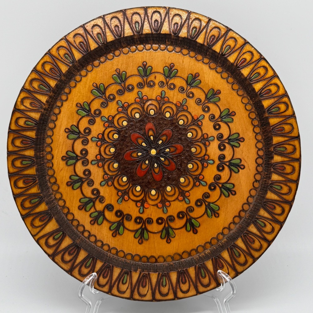 Vintage Polish Folk Art Carved Wood Plate Painted Pyrography Wall Decor 12" Hook